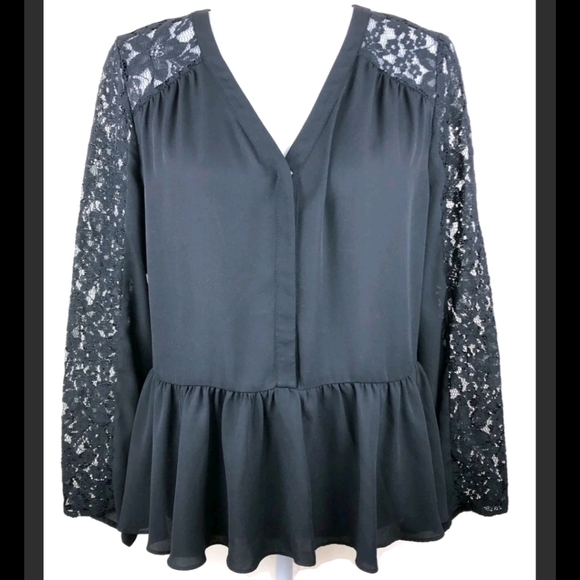 CeCe Peplum Blouse Lace Sleeves Snap Front V-Neck Black Romantic I'm Size S - Picture 6 of 6